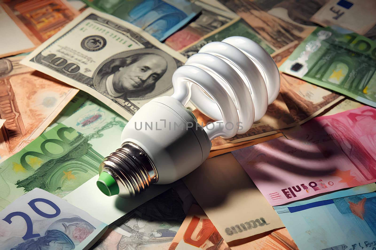 energy saving light bulb lying on a pile of banknotes, concept of rising electricity prices.