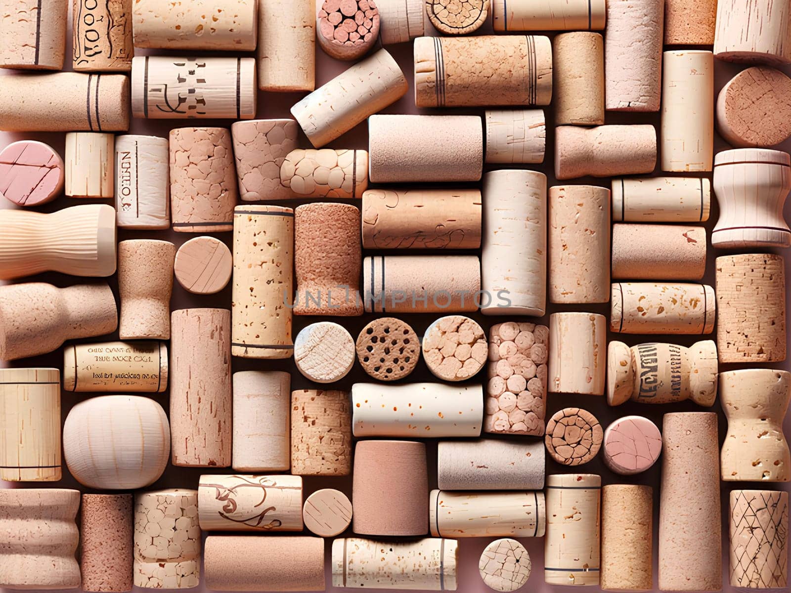 A horizontal pattern of natural wine corks.