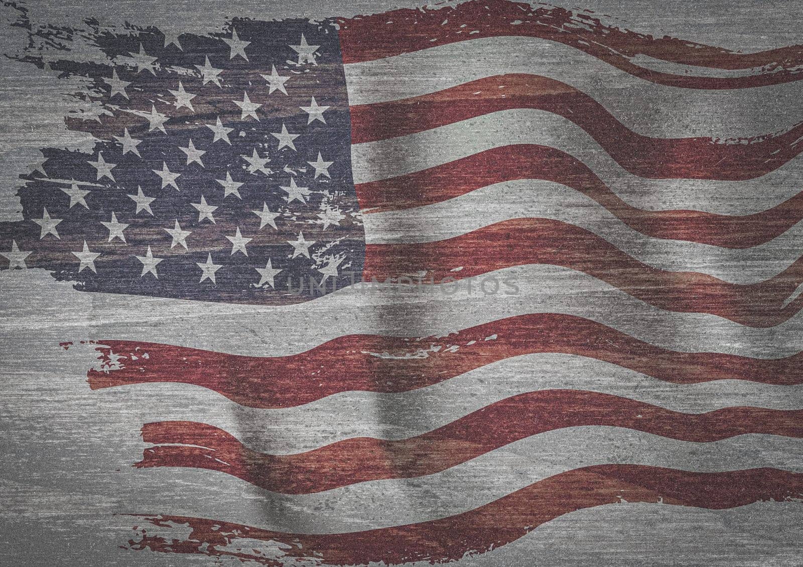 Graphic design of a faded American Flag on a wooden background.