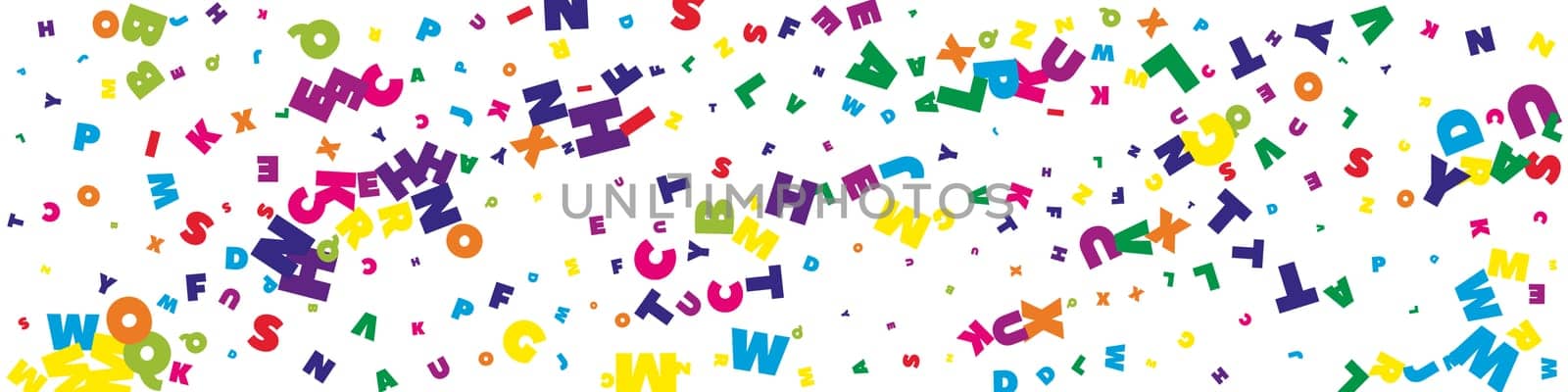 Flying latin letters. Colorful childish scattered charachters of English alphabet. Foreign languages study concept. Back to school banner .