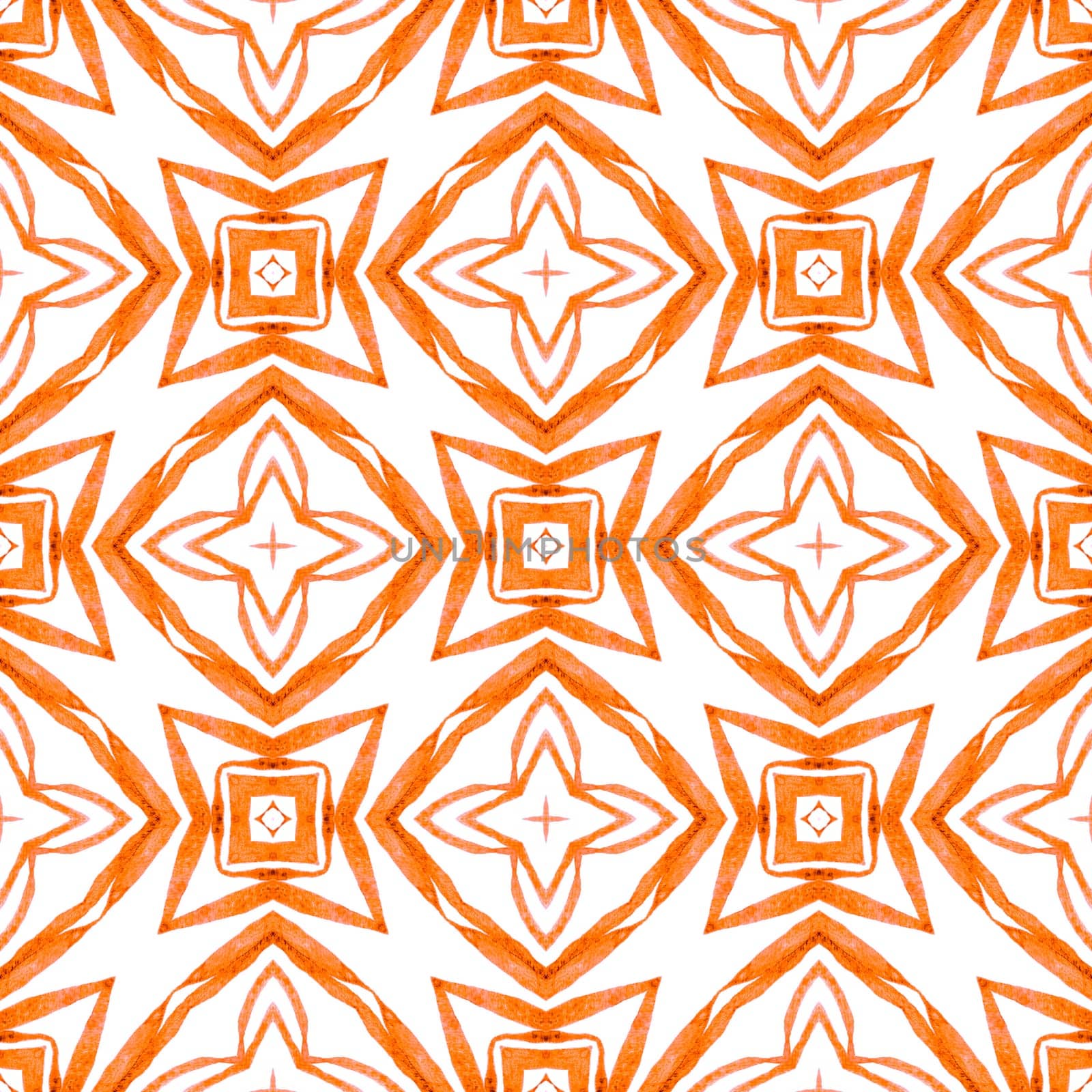 Ikat repeating swimwear design. Orange outstanding boho chic summer design. Textile ready admirable print, swimwear fabric, wallpaper, wrapping. Watercolor ikat repeating tile border.