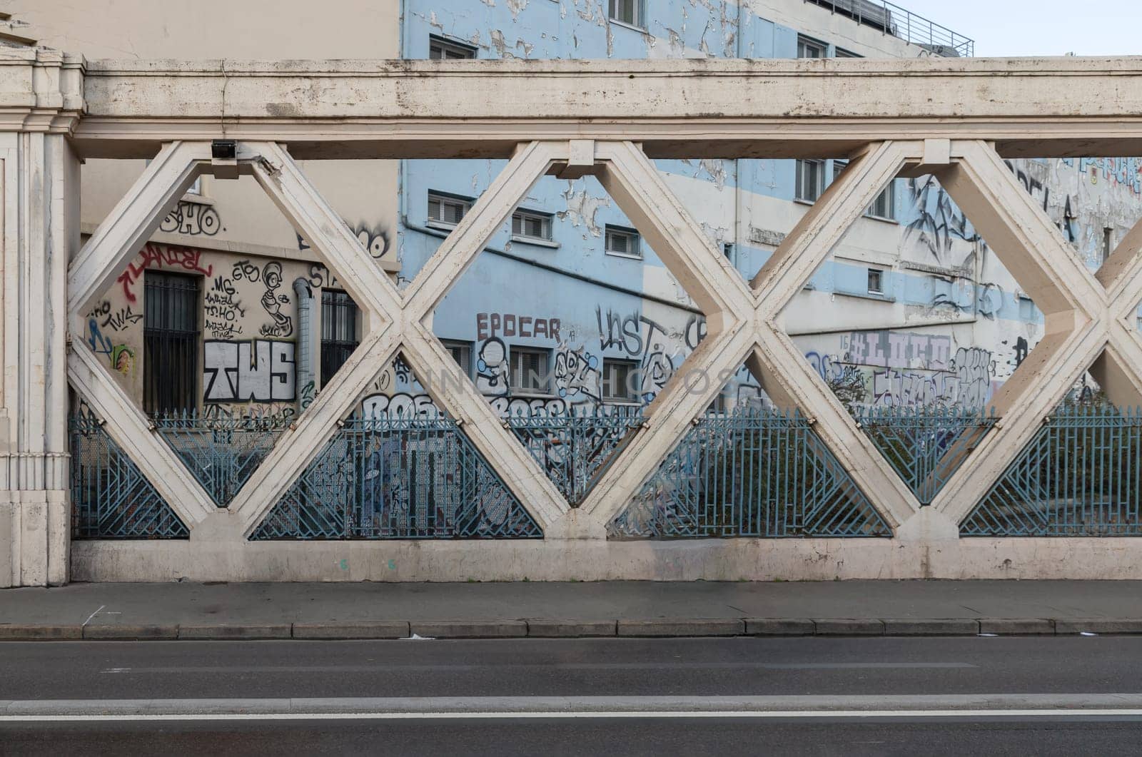 France, Paris - Jan 05, 2024 - Bridge on Rue La Fayette. La Fayette Bridge built above the railways of gare de l'Est, Pont de Lafayette, Rue de l'Aqueduc, Space for text, Selective focus.