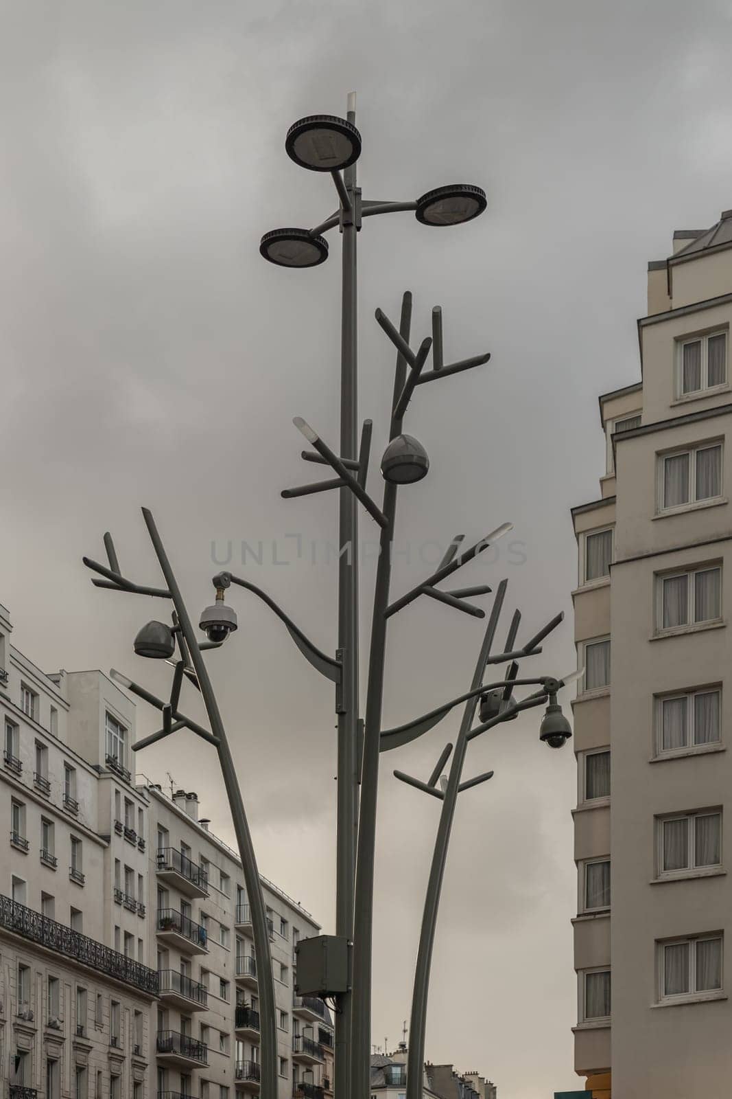 France, Paris - Jan 05, 2024 - "Tree of light" Inspiration from trees in nature. Pole Street Lights (Lamp post) and CCTV Surveillance Camera Pole, Street Light Design in the city of paris, Space for text, Selective focus.