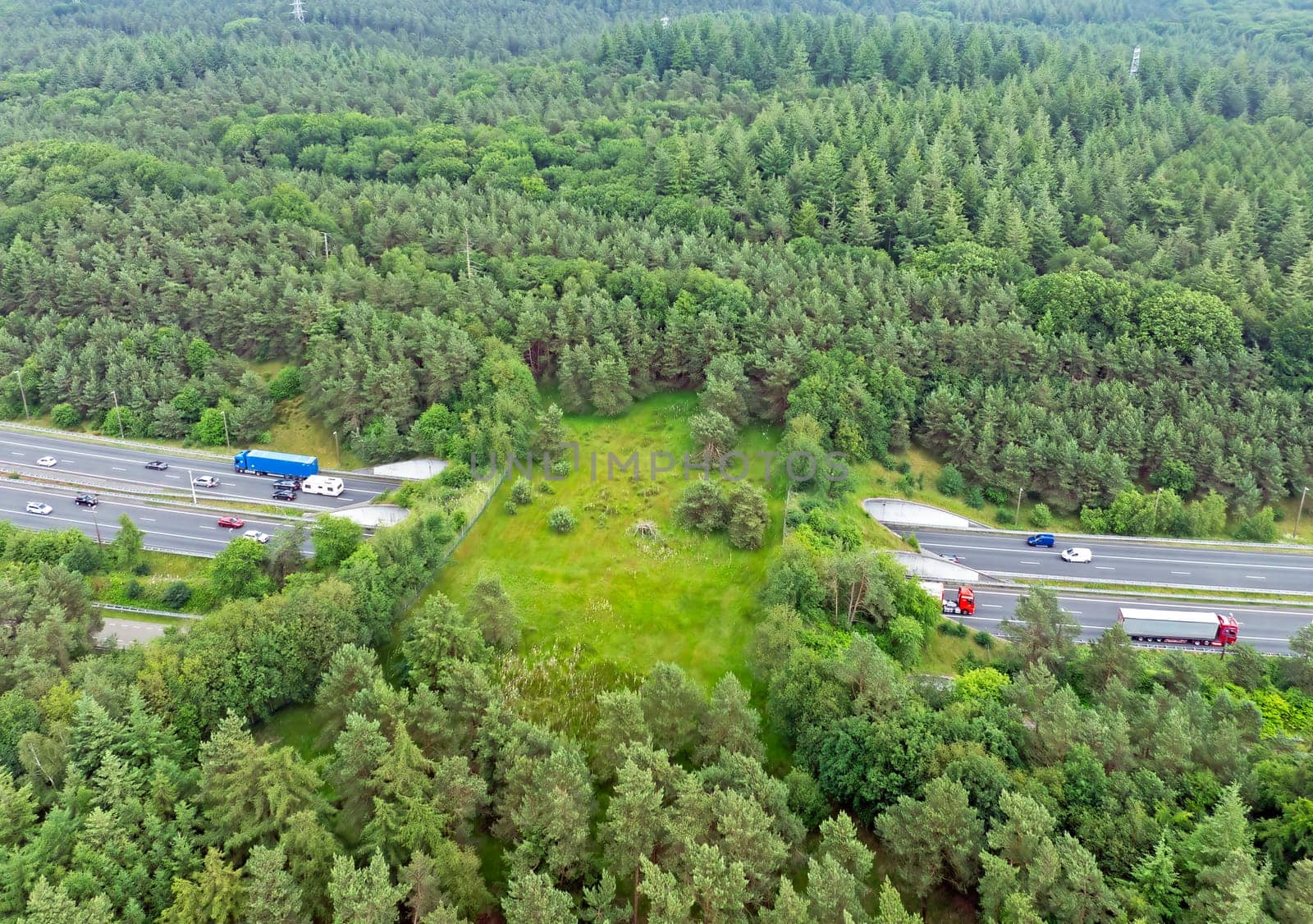 Aerial from ecoduct De Woeste Hoeve on the Veluwe at the highway A50 in the Netherlands