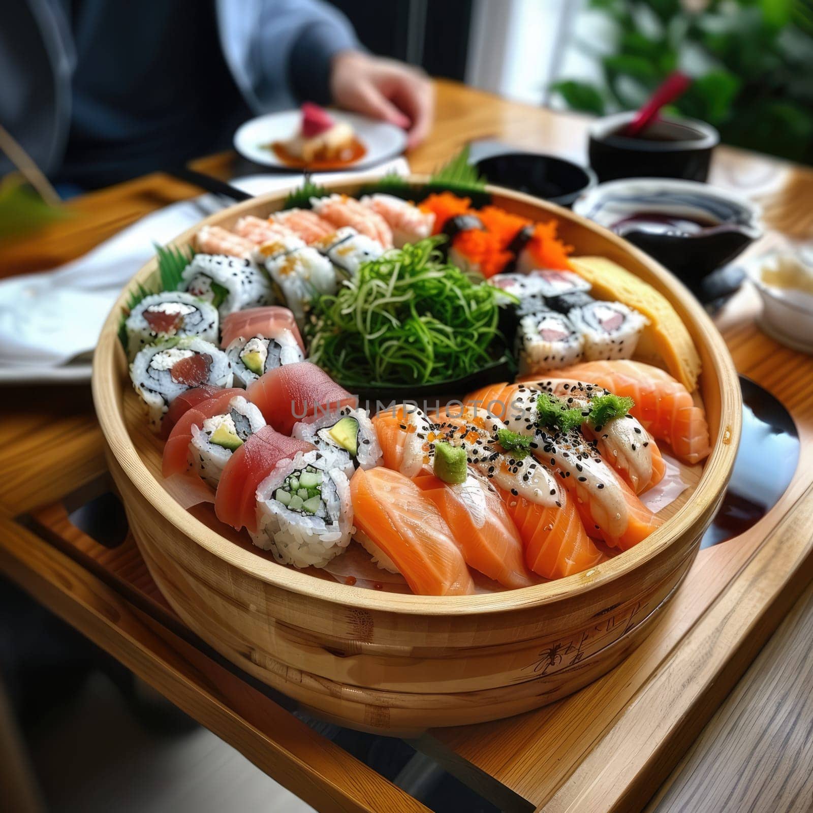 Traditional Japanese sushi selection on wooden table photo