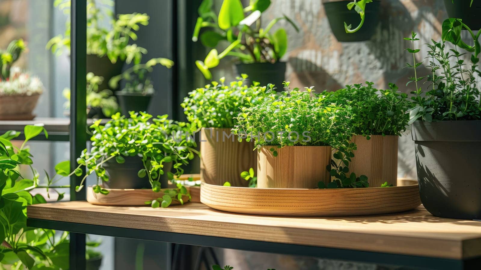 Fresh indoor microgreens in wooden planters photo
