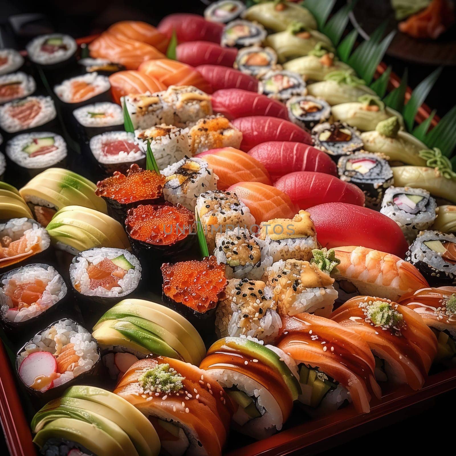 Variety of sushi rolls elegantly presented for dining photo