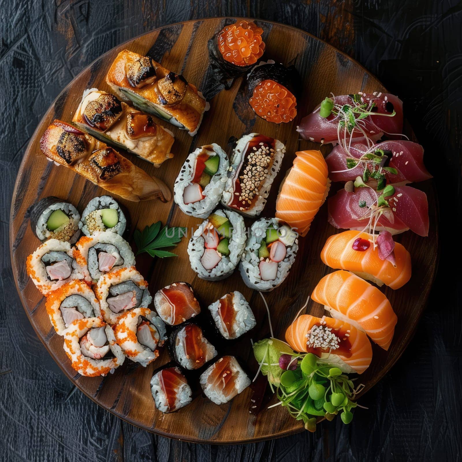 Traditional Japanese sushi selection on wooden table photo