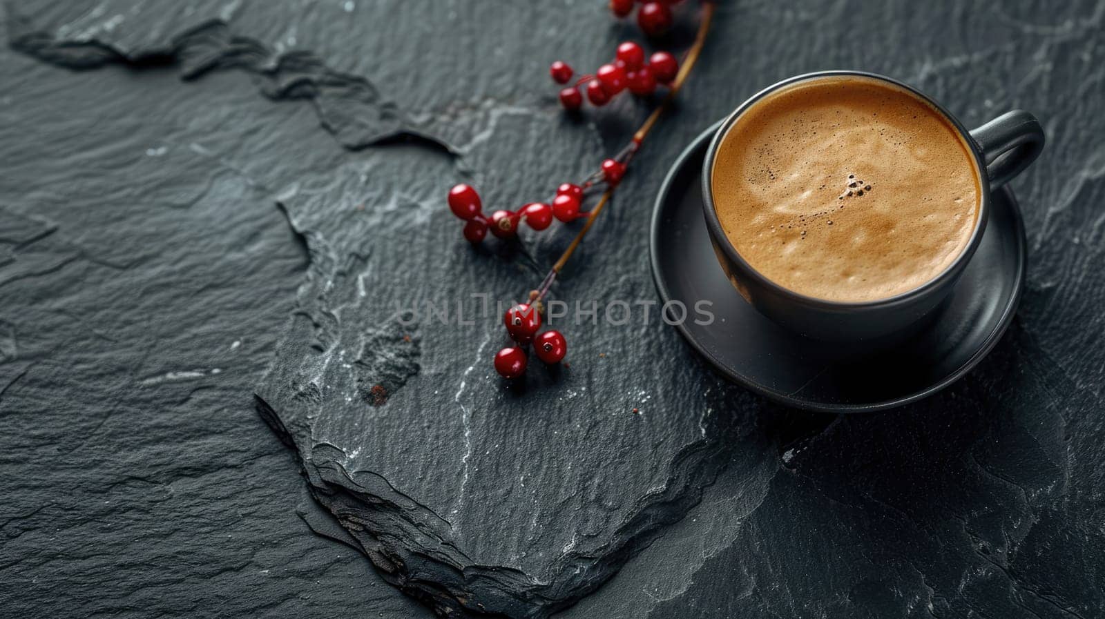 Rich coffee and red berries on slate photo