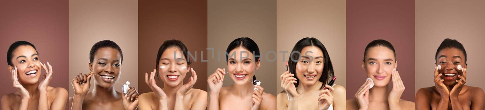Seven multiethnic women shown applying various skincare products to their faces while smiling at the camera. The women stand in front of a neutral background, creating a clean and focused image.