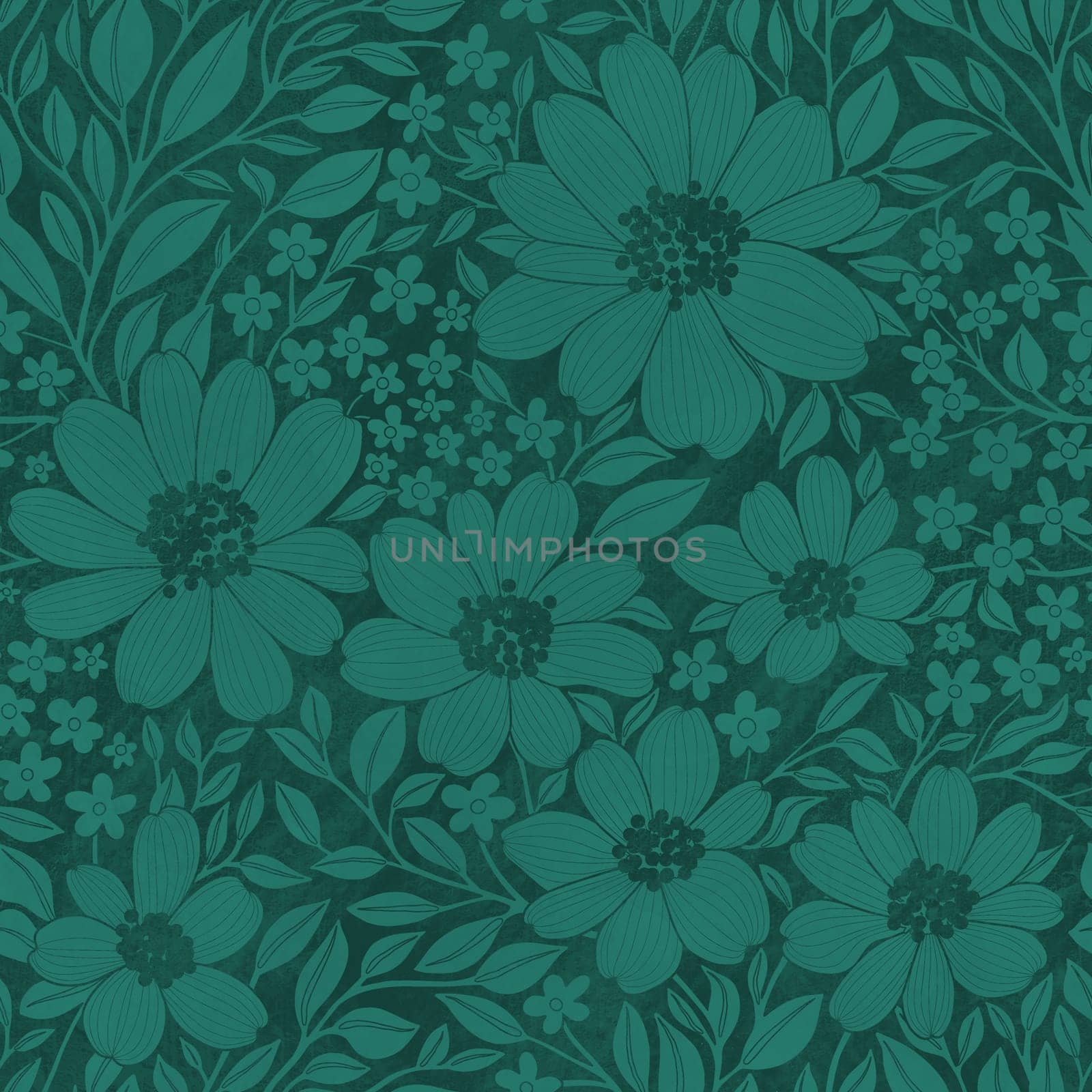 Floral Seamless Pattern of Pine Green Flowers and Leaves on Darker Backdrop with Texture. Great for Textiles, Wallpapers, Wrapping Papers, Fabrics, Prints, Package Design, Fashion, Beauty Products.