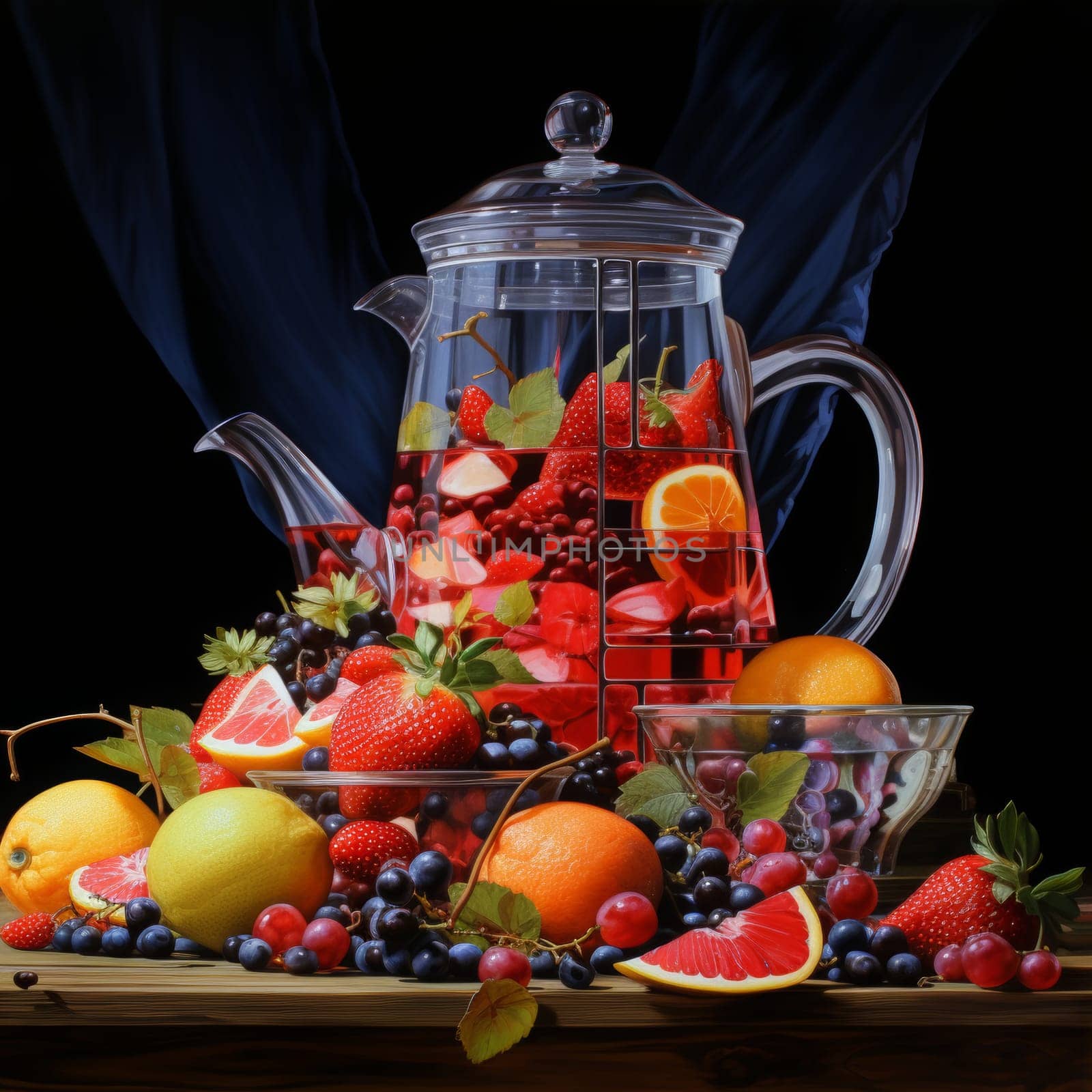 Close-up still life of a glass decanter of fruit-infused water surrounded by a variety of fresh fruits. Perfect for editorial, food, and beverage, and healthy eating concepts.