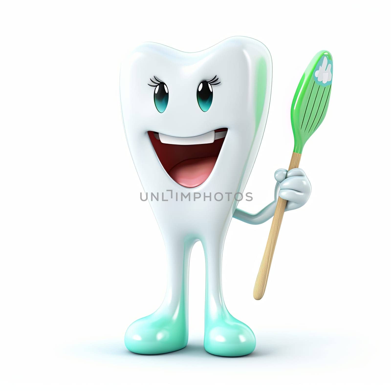 An illustration of a smiling tooth holding a green bristled toothbrush, wearing shoes, and standing on white. The character has a big smile, open eyes, and holds the toothbrush in its right hand.