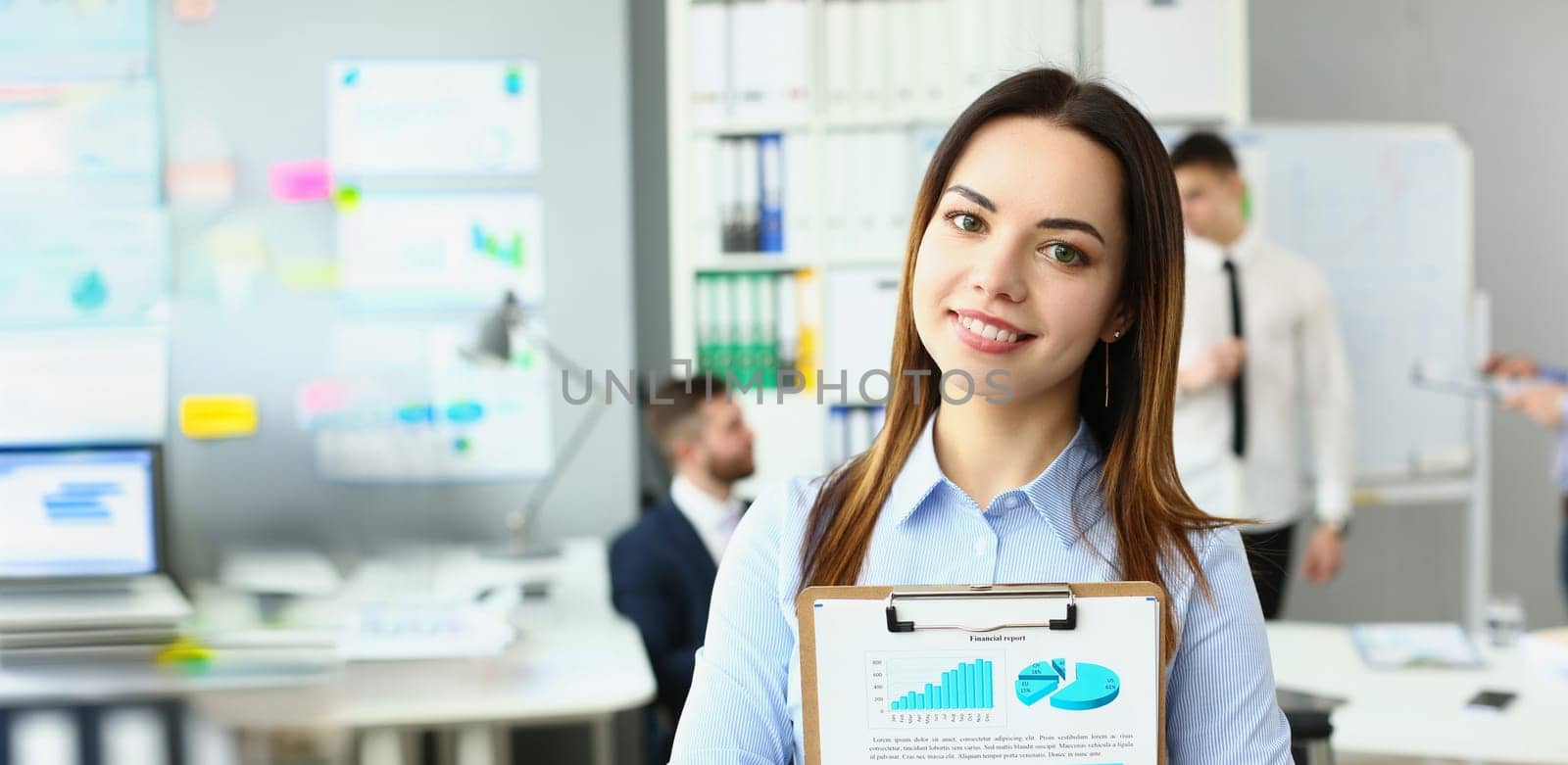 Portrait of smiling businesswoman stand with clipboard, manager analysing statistics date. Business, teamwork, developing new project or startup concept