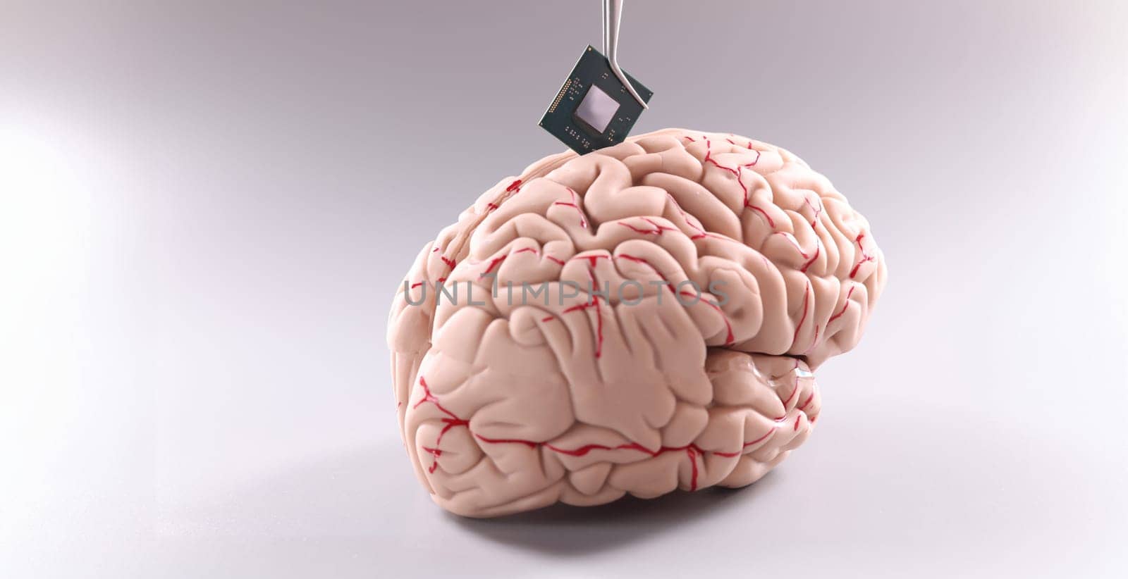 Close-up of tiny computer chip detail in human brain. Microprocessor in head. Future, modern technology and digital world concept