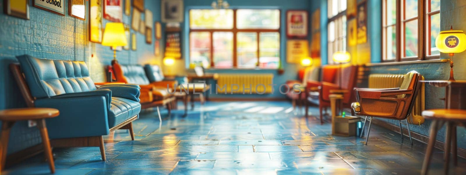 Back to school concept. A colorful and cozy classroom lounge with vibrant decor, comfortable seating, and warm lighting, creating an inviting back-to-school atmosphere.