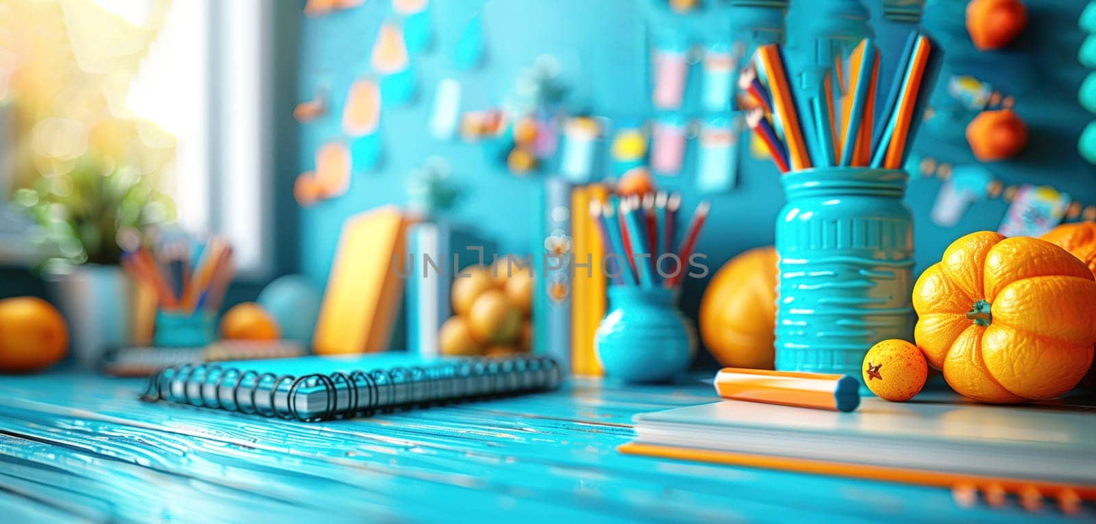 Back to school concept. A vibrant classroom scene with colorful school supplies, perfect for a back-to-school theme. The photo exudes creativity and inspiration.