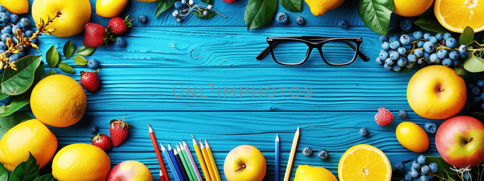 Colorful back-to-school flat lay with glasses, pencils, leaves, and fruits on a vibrant blue background, creating a bright and cheerful scene.