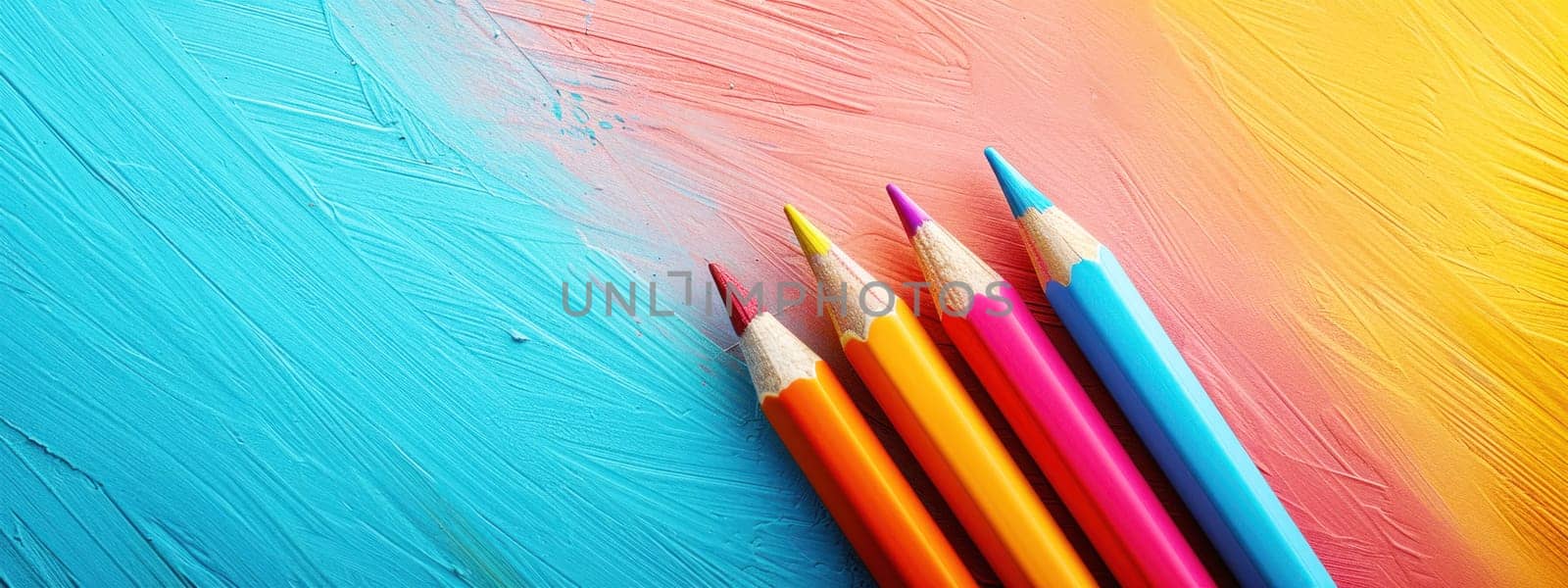 Colorful pencils arranged on a vibrant textured background, showcasing a creative and playful back-to-school theme with a splash of colors.