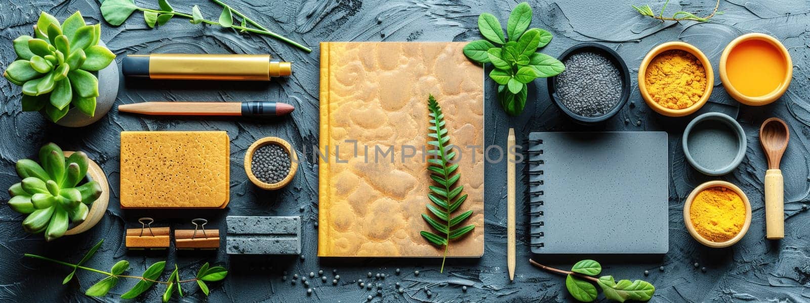 Stylish desk setup with notebooks, plants, and stationery, creating an aesthetic workspace perfect for back-to-school inspiration.
