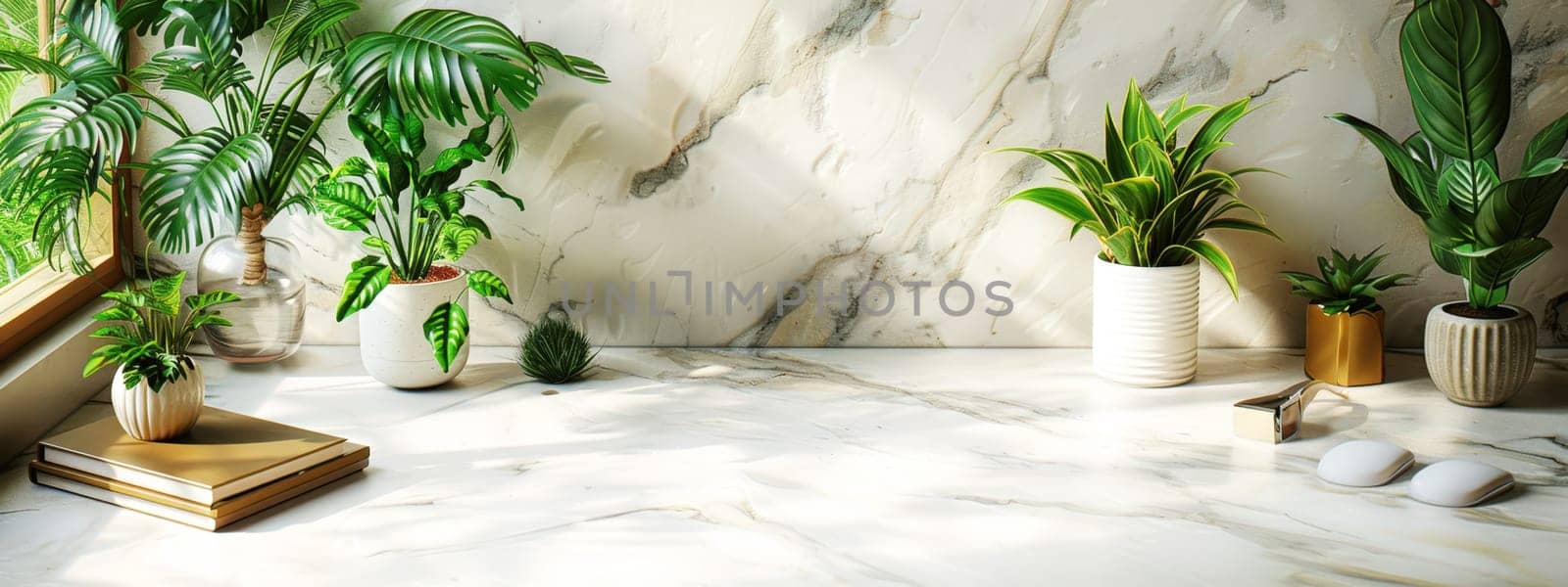 A serene indoor setting with vibrant green plants in elegant pots placed on a marble surface, capturing natural light.