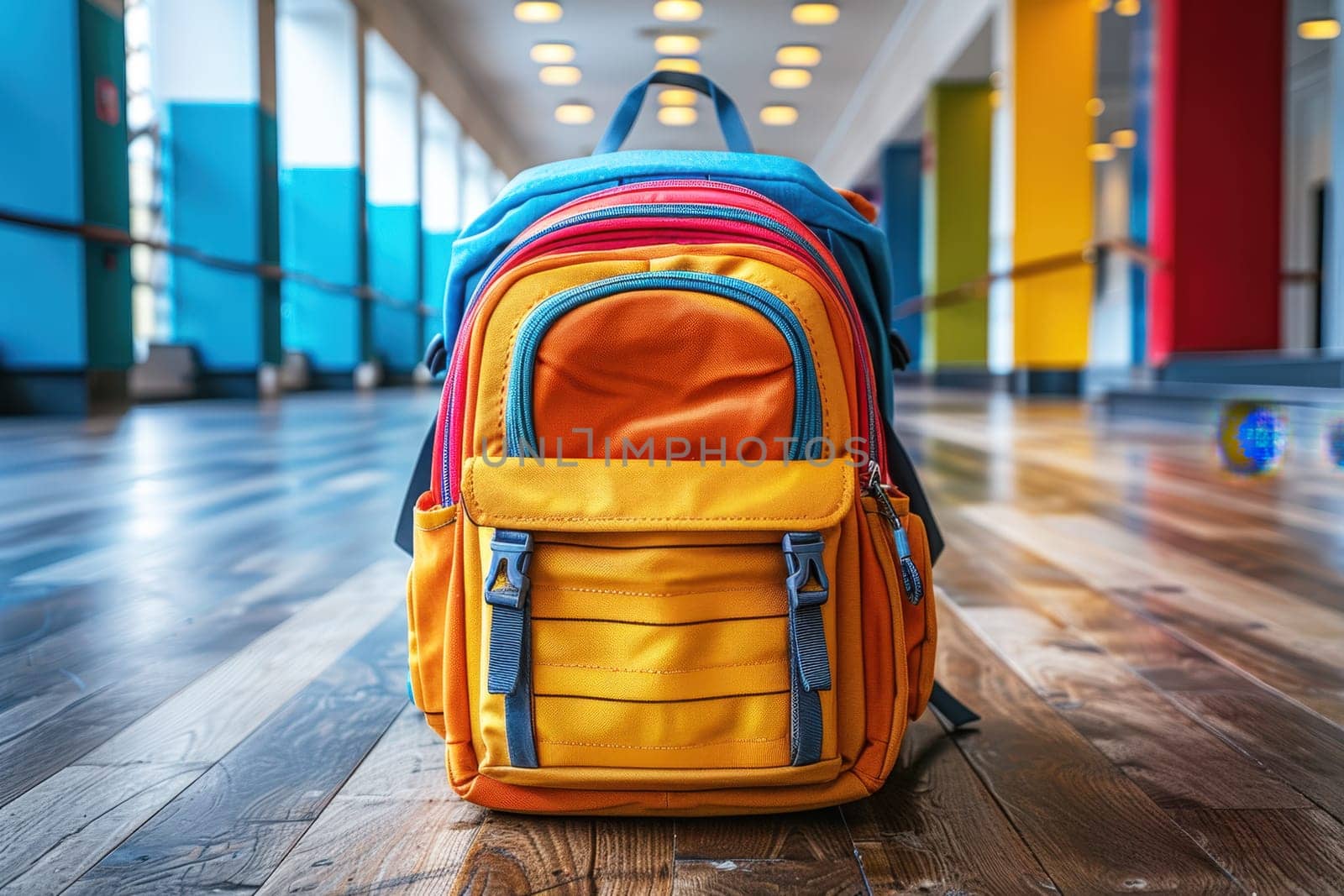 Back to school concept. A brightly colored backpack sits on a polished wooden floor in a vibrant, modern hallway, symbolizing readiness for the back-to-school season.