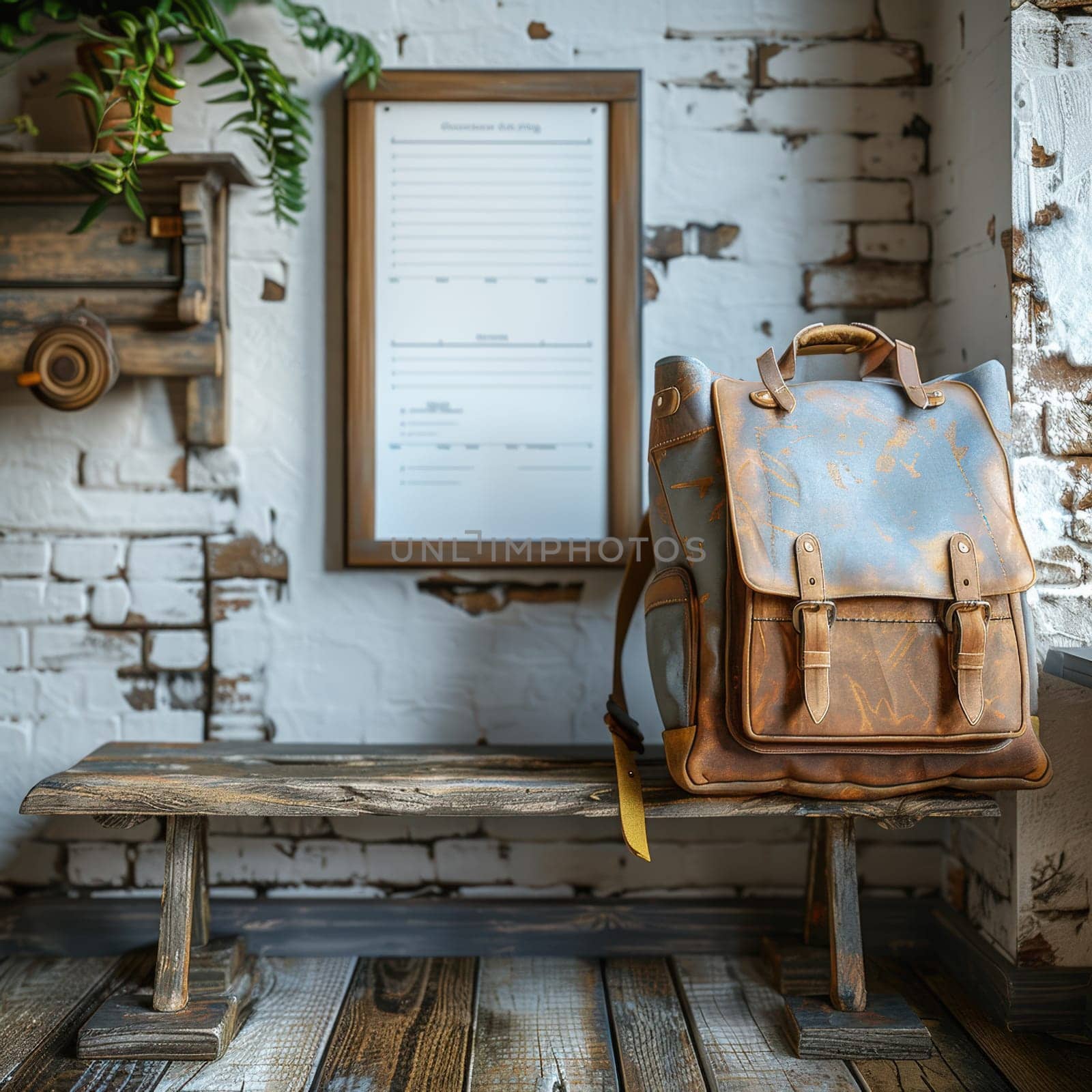 Back to school concept. A brightly colored backpack sits on a polished wooden floor in a vibrant, modern hallway, symbolizing readiness for the back-to-school season.