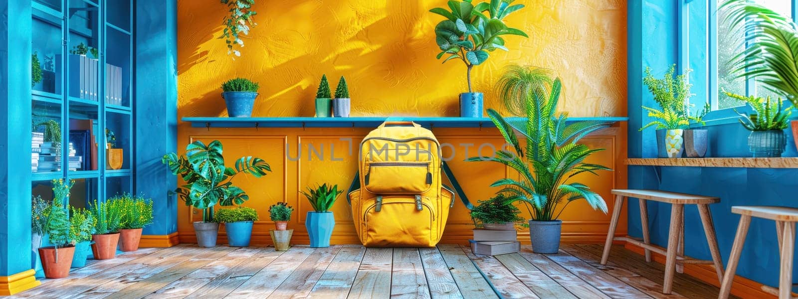 Back to school concept. A brightly colored backpack sits on a polished wooden floor in a vibrant, modern hallway, symbolizing readiness for the back-to-school season.