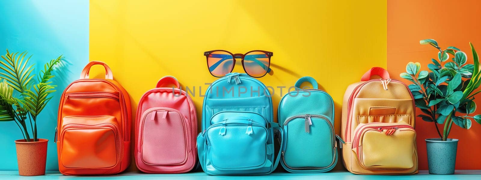 A row of colorful backpacks against a vibrant, multicolored background, with potted plants and sunglasses, symbolizing back-to-school readiness.