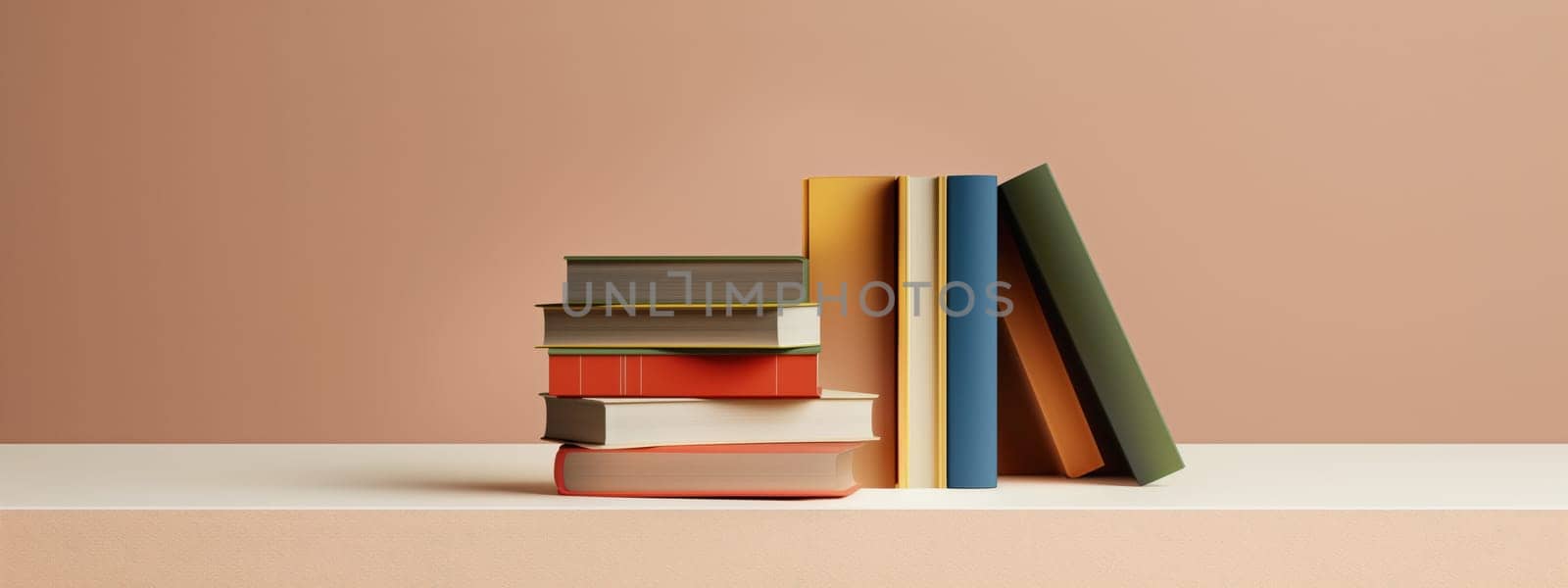 A stack of colorful books symbolizes education and knowledge, set against a minimalist background, perfect for back-to-school themes.