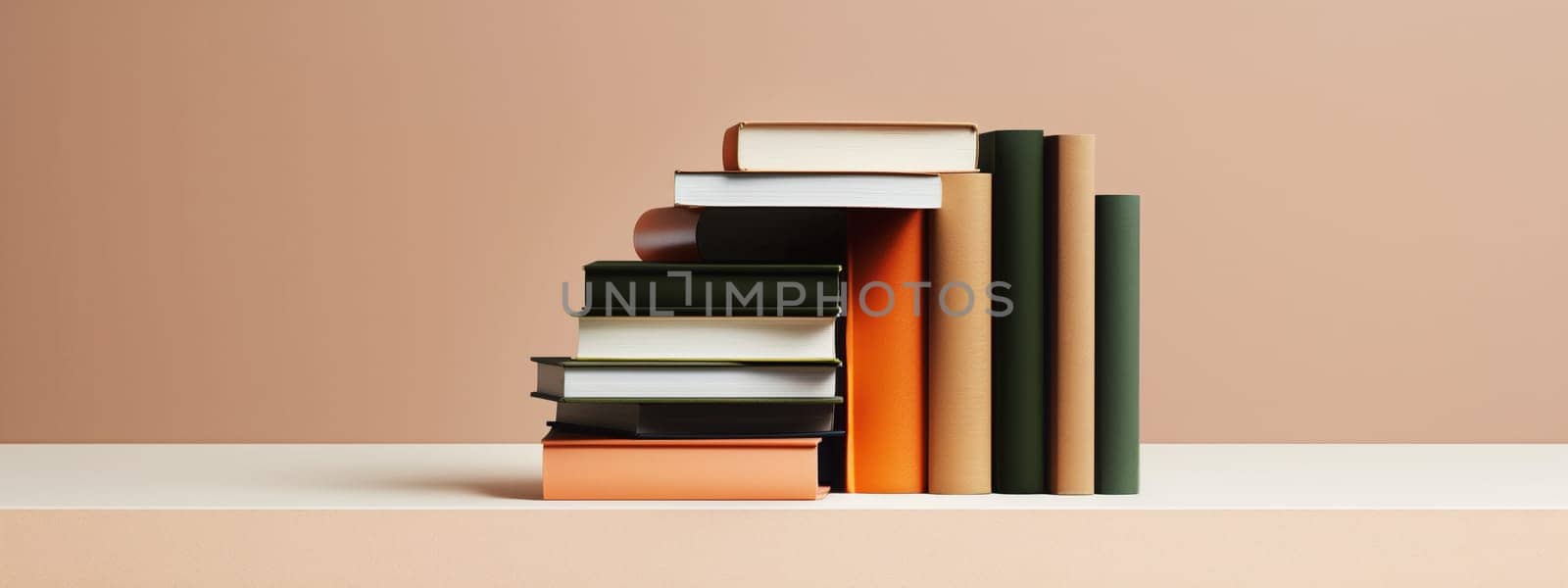 A stack of colorful books symbolizes education and knowledge, set against a minimalist background, perfect for back-to-school themes.