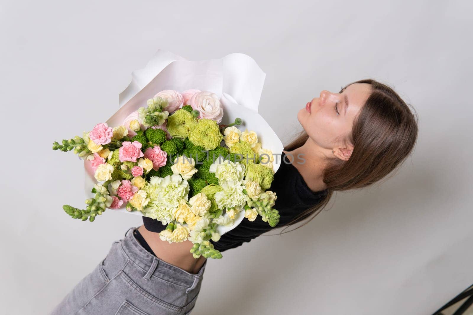 fresh jeans fashion cake girl beautiful hair flowers happy smile female model white