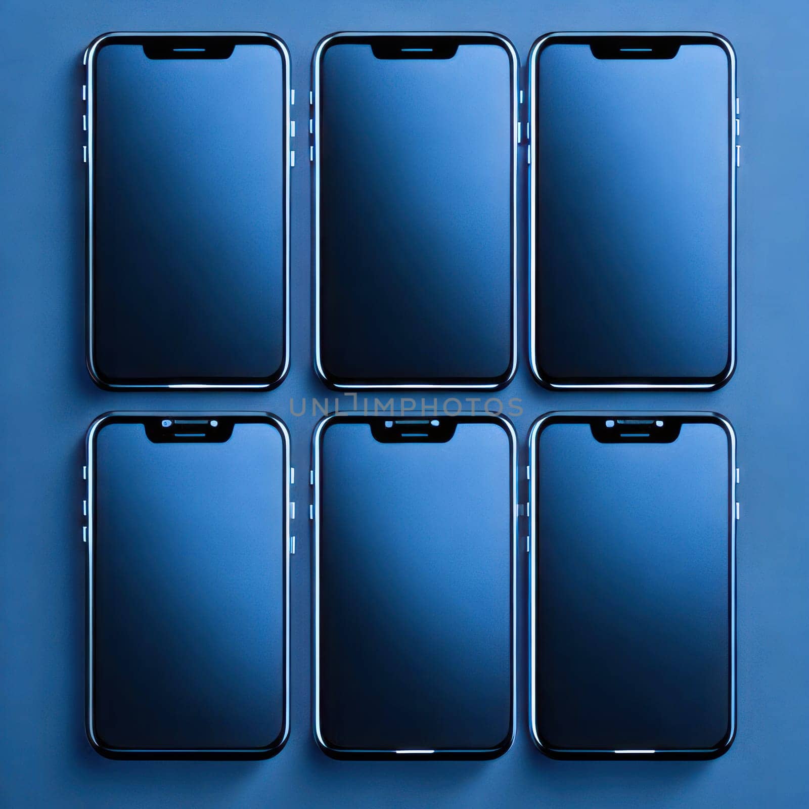 6 Realistic smartphones blank blue screen mockup on blue background. Mobile phone template. Space for text