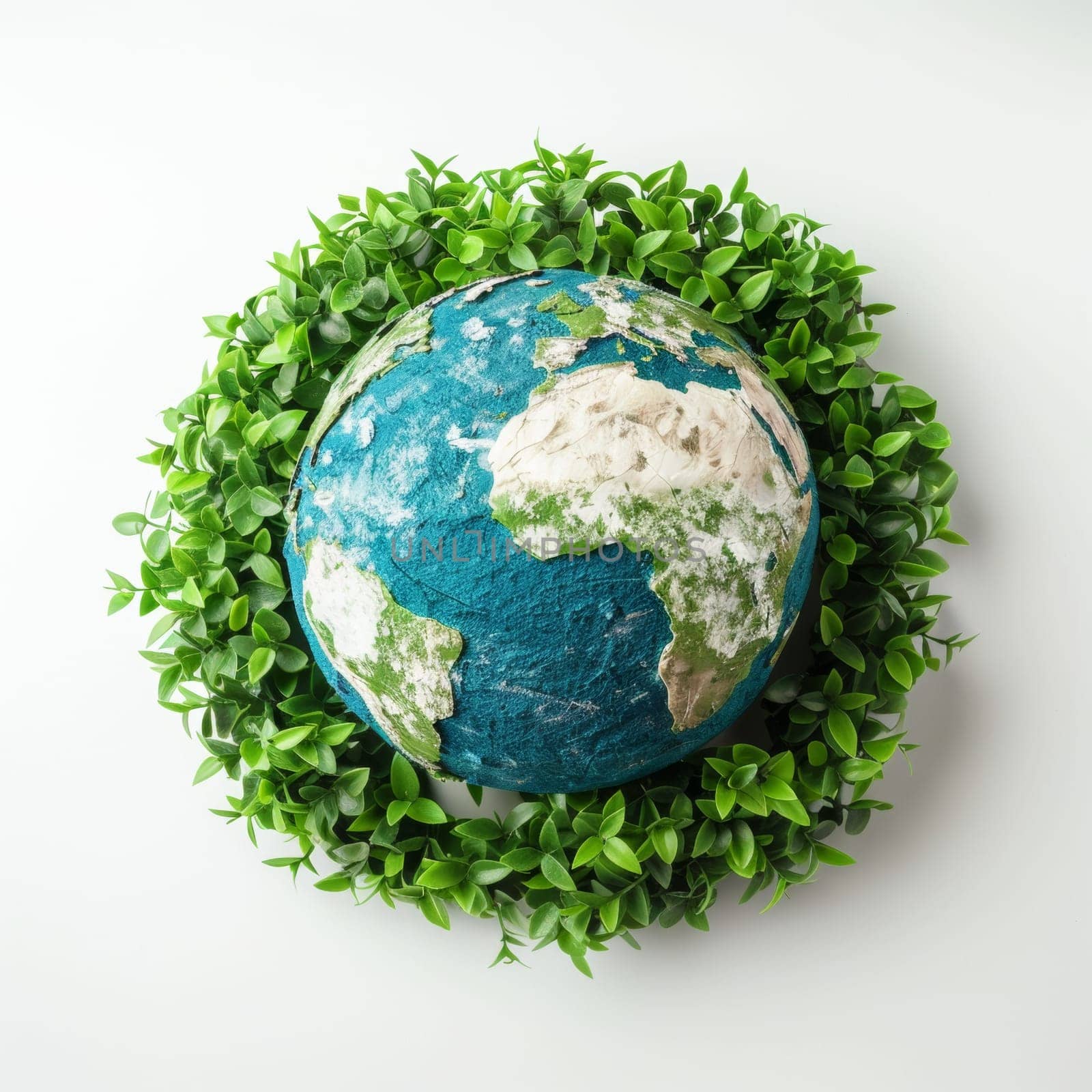 Planet earth globe with green leaves around isolated on white background. Environmental protection ocncept.
