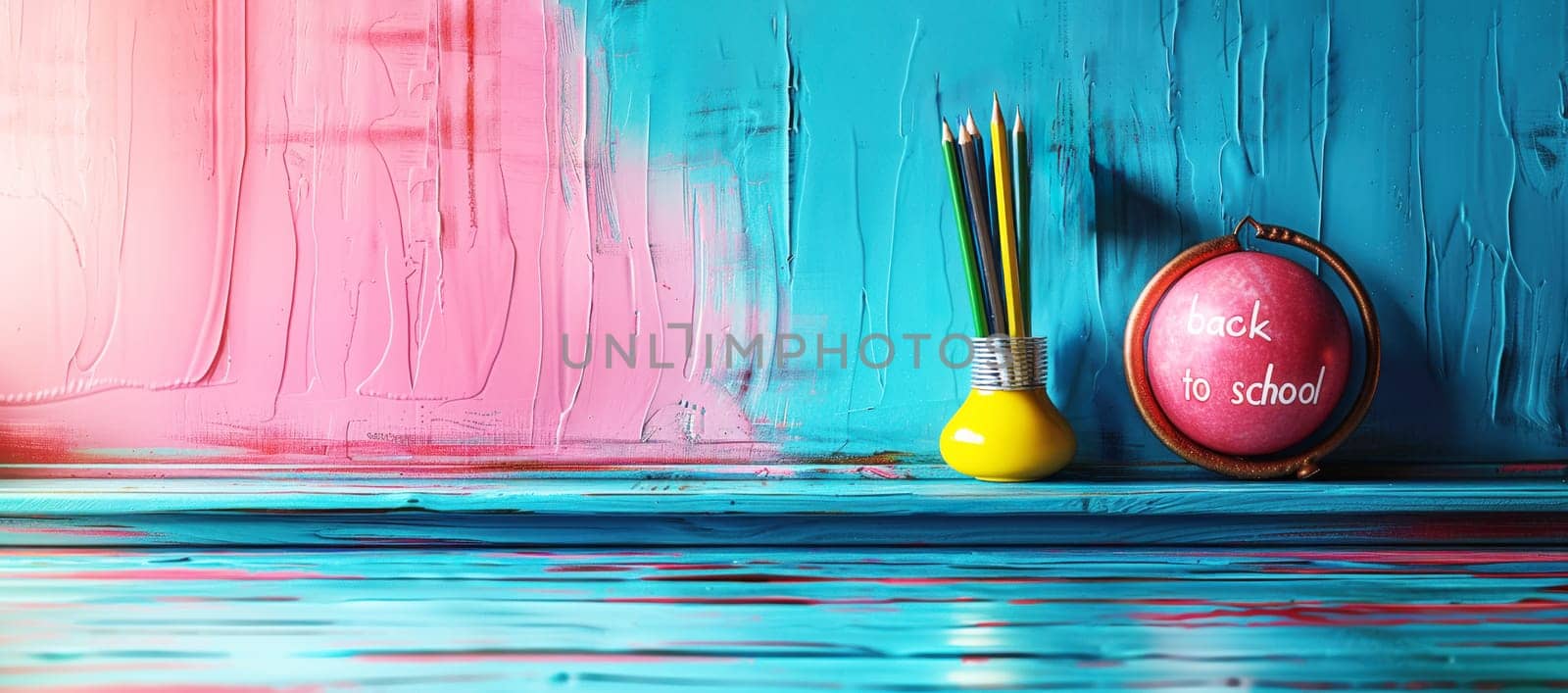 Back to school concept. A vibrant classroom scene with colorful school supplies, perfect for a back-to-school theme. The photo exudes creativity and inspiration.