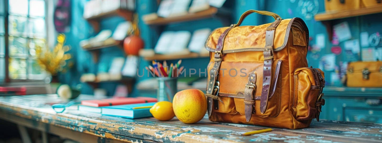 Back to school concept. A vibrant school setting with colorful school supplies, a leather backpack, and a bright, engaging classroom atmosphere, perfect for back-to-school season.