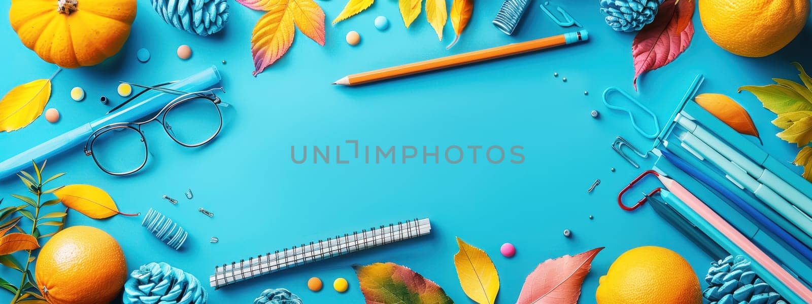 Colorful back-to-school flat lay with glasses, pencils, leaves, and fruits on a vibrant blue background, creating a bright and cheerful scene.