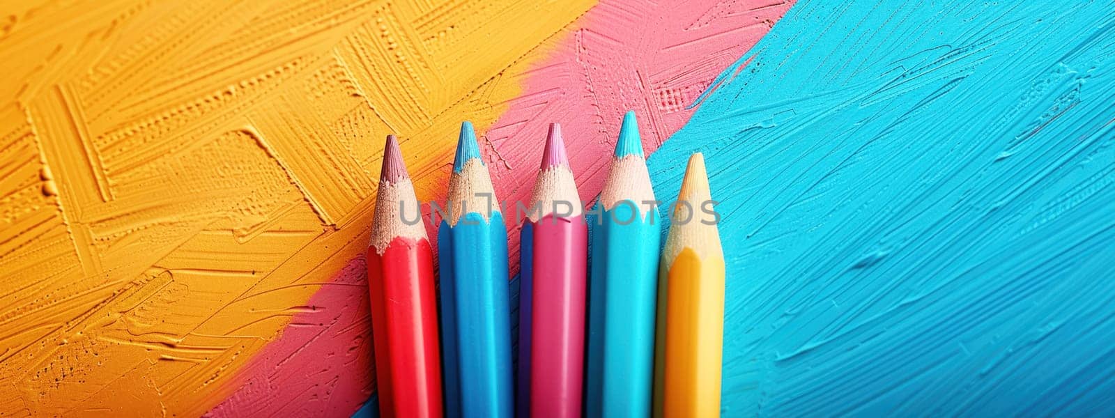 Colorful pencils arranged on a vibrant textured background, showcasing a creative and playful back-to-school theme with a splash of colors.