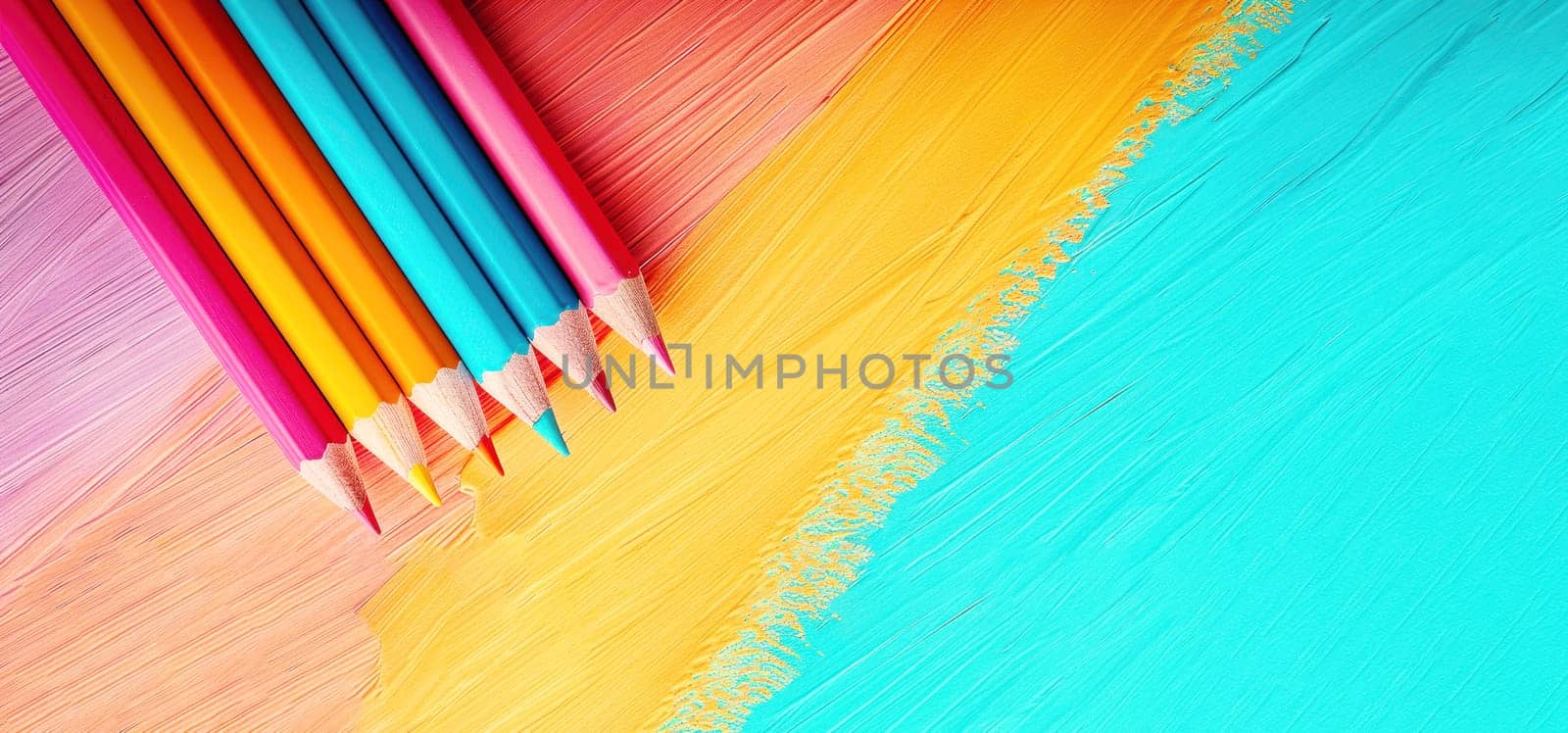 Colorful pencils arranged on a vibrant textured background, showcasing a creative and playful back-to-school theme with a splash of colors.