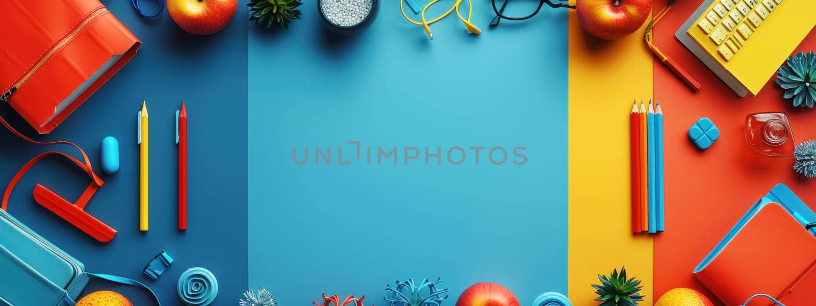 Colorful back-to-school flat lay with glasses, pencils, leaves, and fruits on a vibrant blue background, creating a bright and cheerful scene.