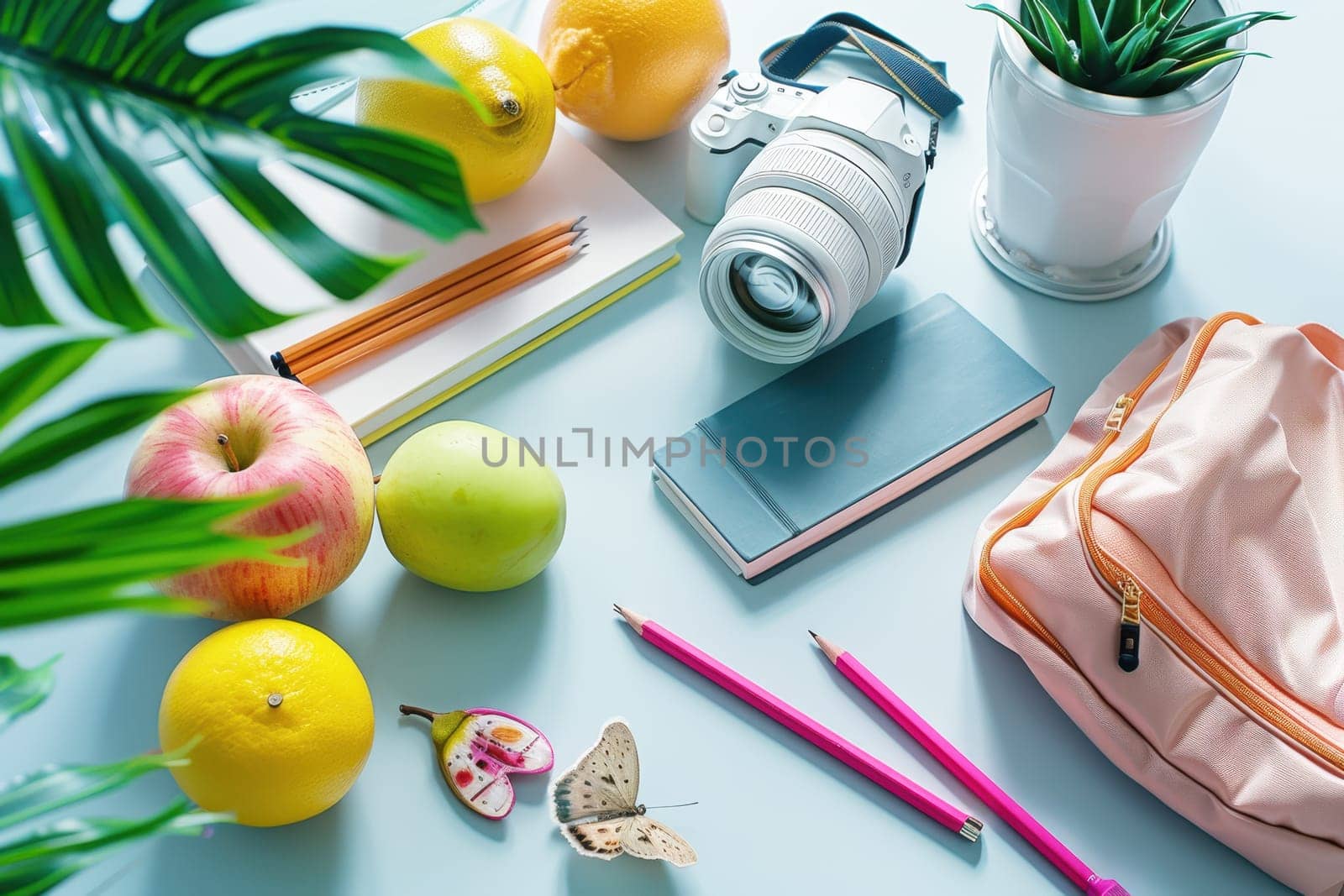 Colorful back-to-school flat lay with glasses, pencils, leaves, and fruits on a vibrant blue background, creating a bright and cheerful scene.