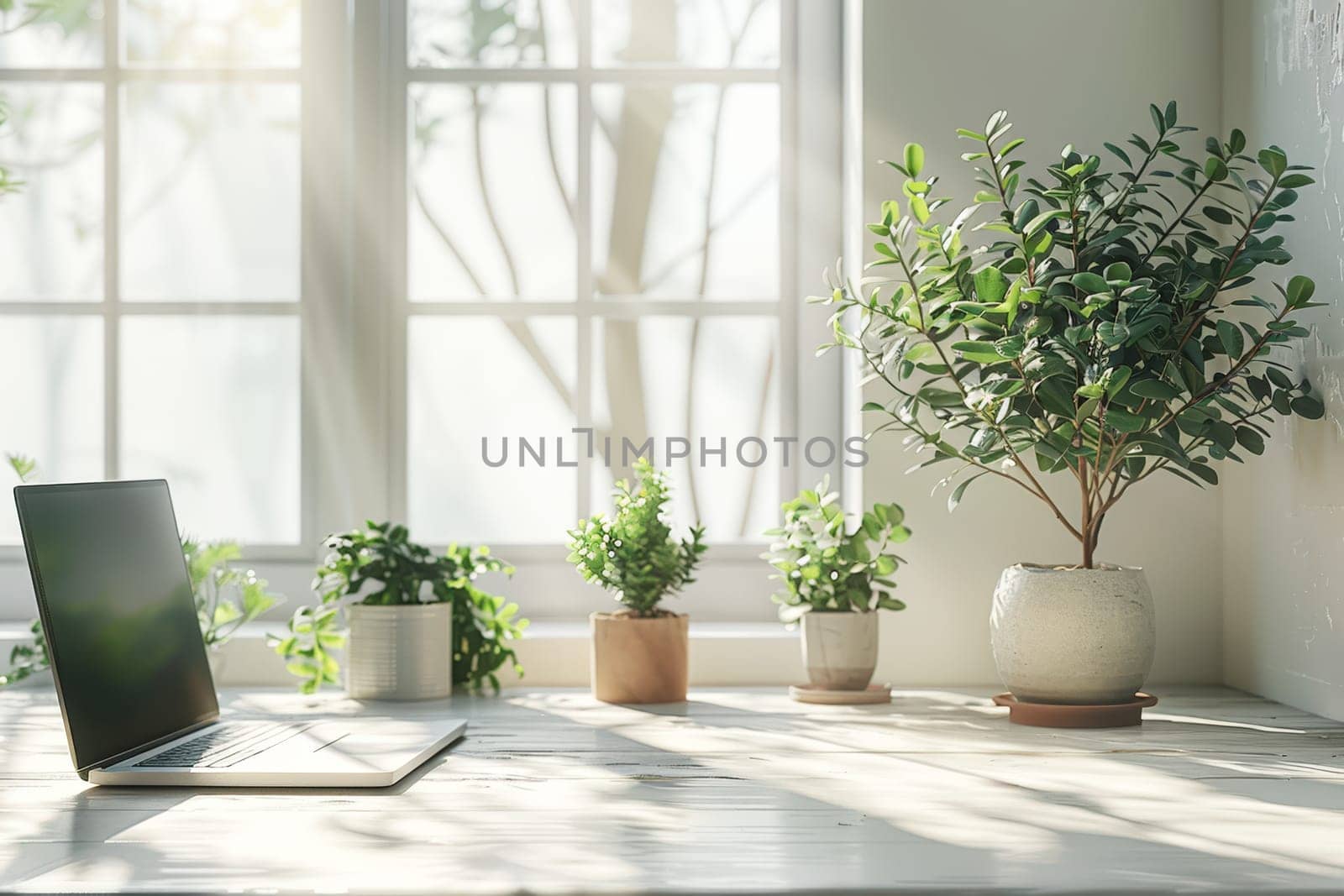 A serene home workspace with a laptop and green potted plants on a sunlit wooden desk, creating a peaceful and productive atmosphere.