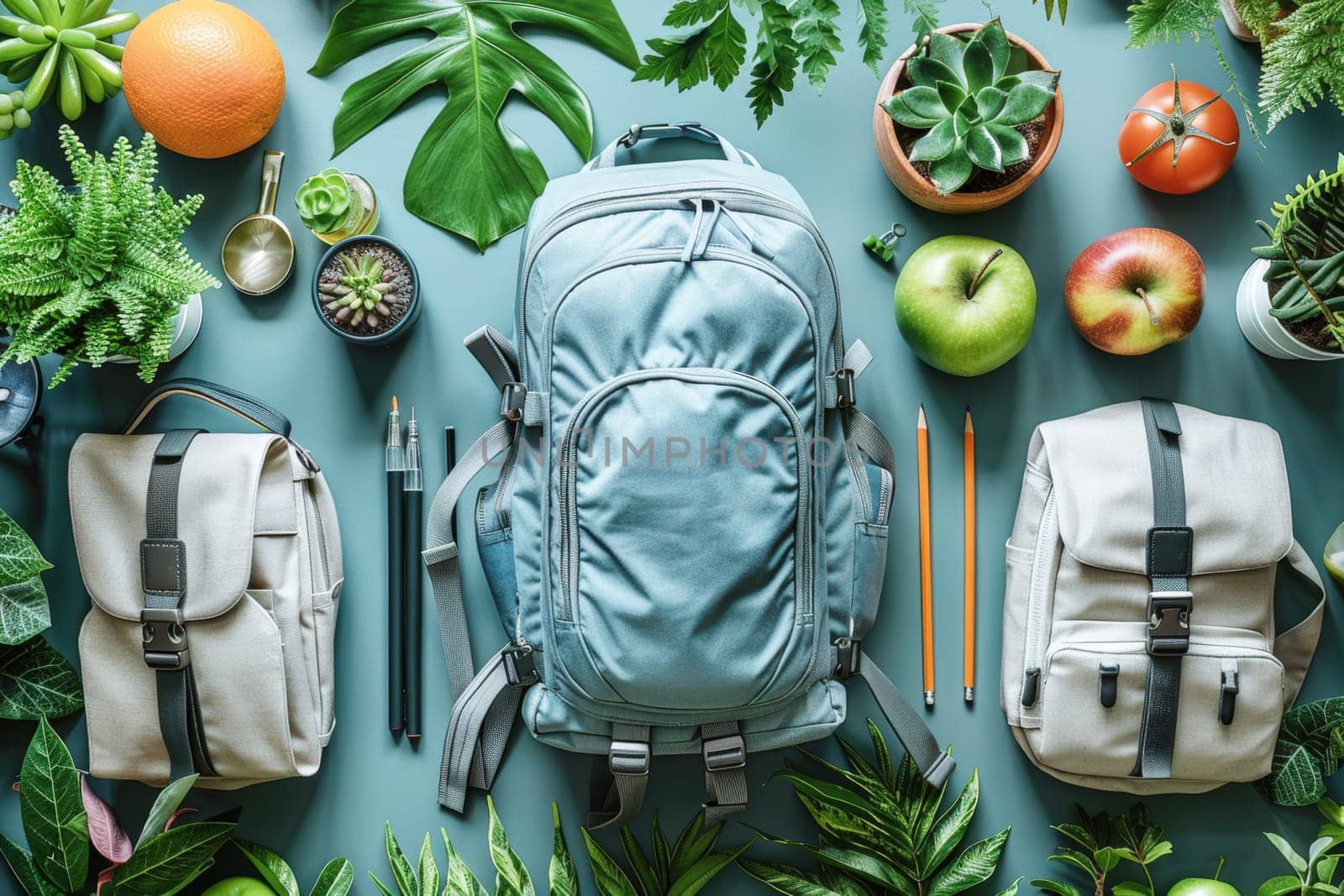 A stylish back-to-school setup with backpacks, plants, and school supplies arranged neatly on a green background, creating a vibrant, fresh look.