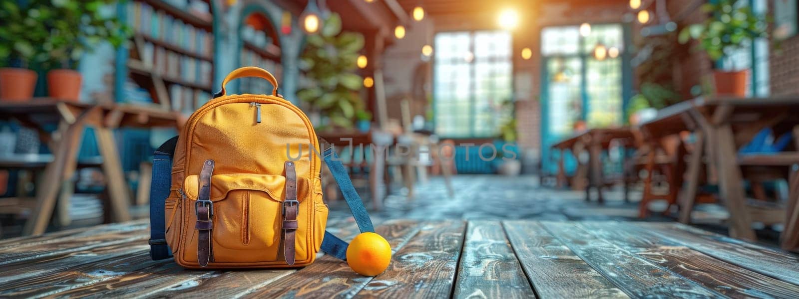 Back to school concept. A brightly colored backpack sits on a polished wooden floor in a vibrant, modern hallway, symbolizing readiness for the back-to-school season.