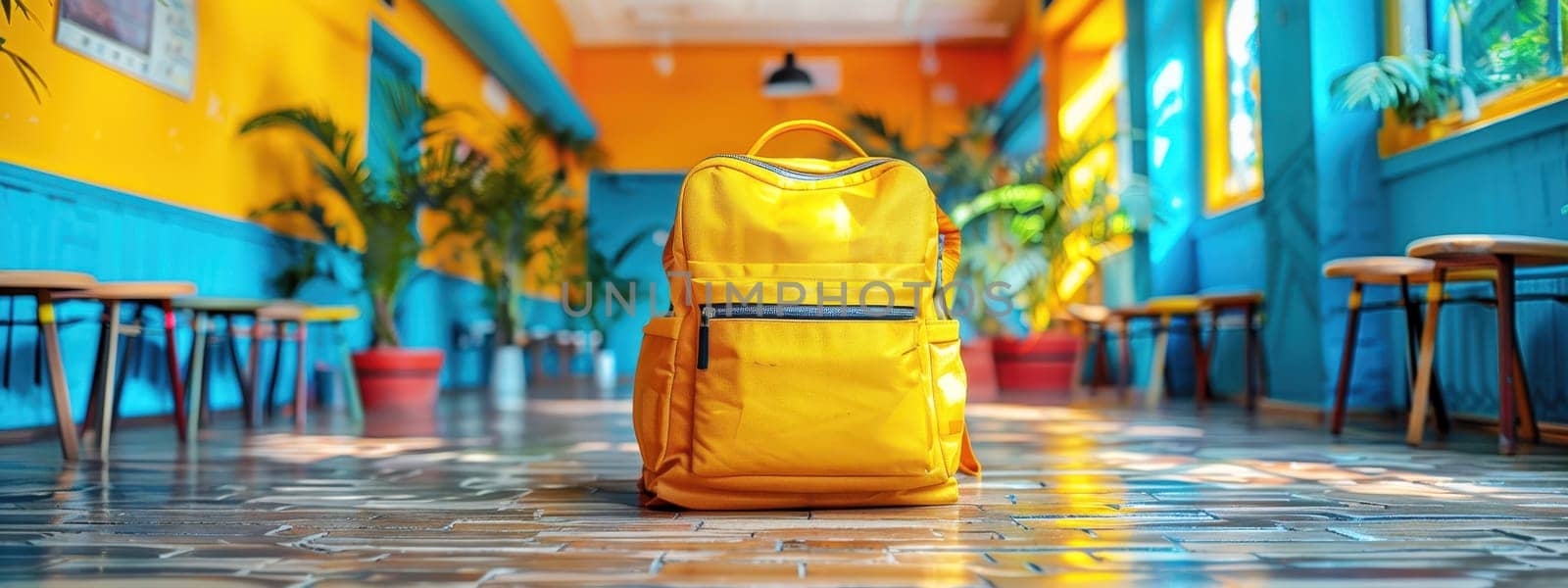 Back to school concept. A brightly colored backpack sits on a polished wooden floor in a vibrant, modern hallway, symbolizing readiness for the back-to-school season.