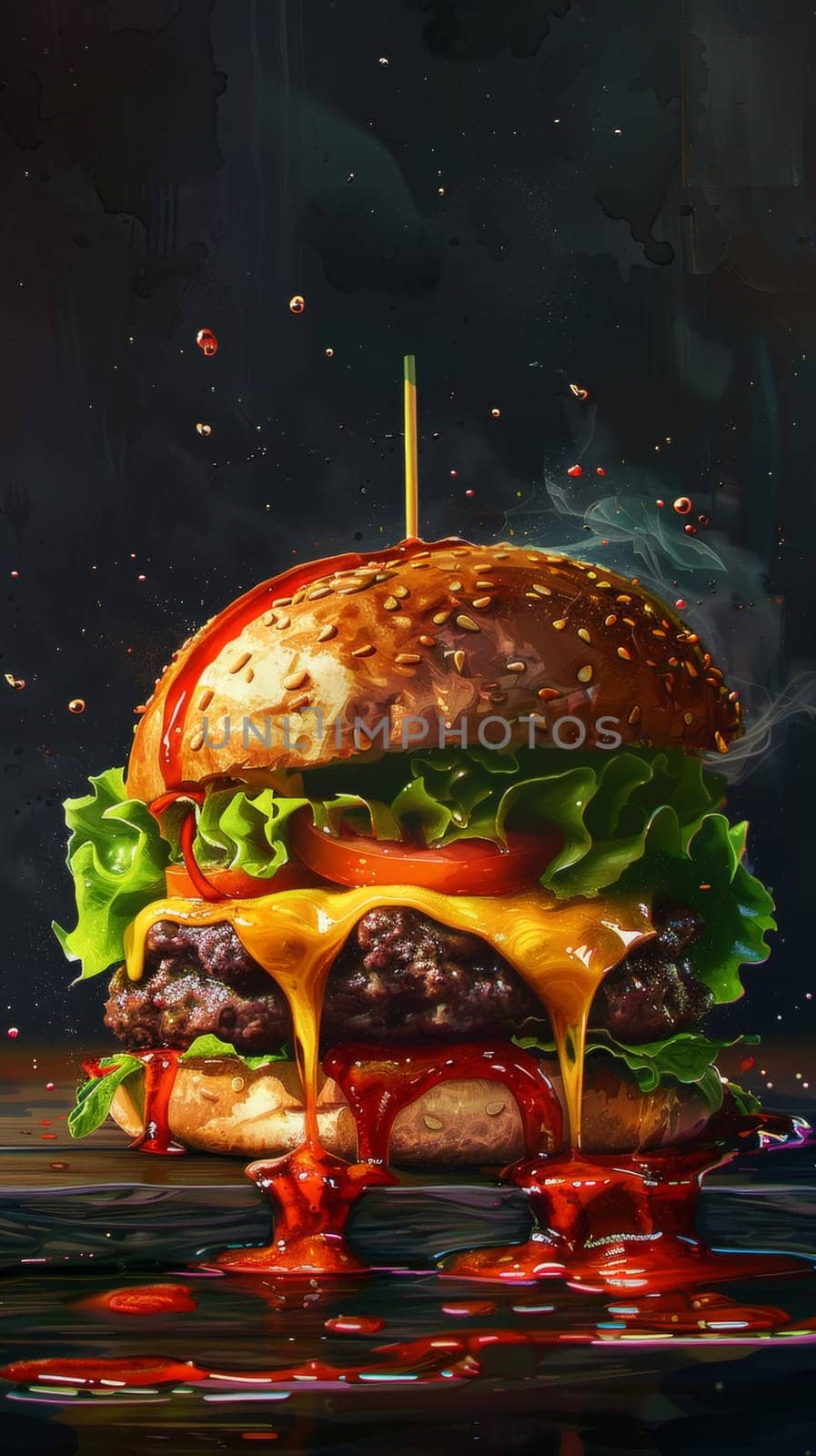 An exquisite cheeseburger masterpiece, with a sauce drizzle creating a vibrant contrast against the steamy backdrop. The layers of the burger are perfectly aligned, promising a symphony of flavors