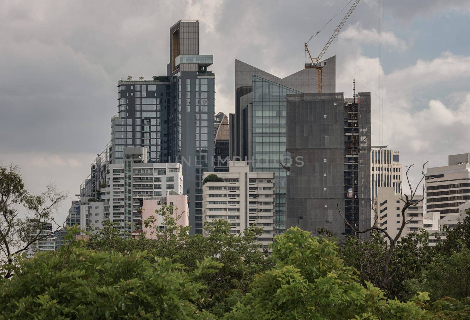 Bangkok, Thailand - 22 Jun, 2024 - Architecture exterior of Modern high-rise buildings on sky background. Picturesque view of skyscrapers and green spaces, Space for text, Selective focus.