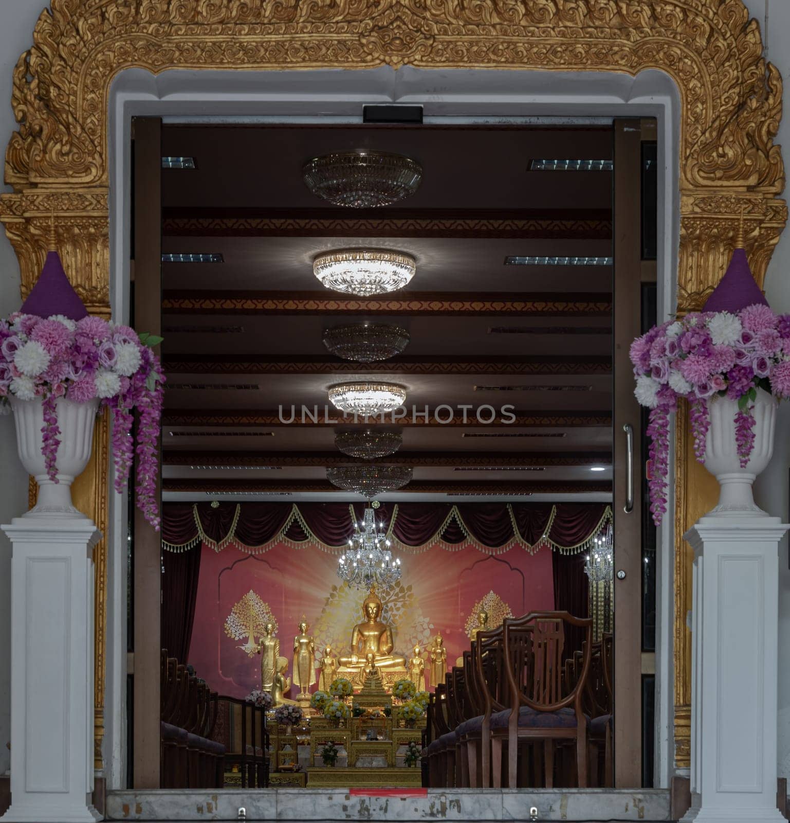 Bangkok, Thailand - May 22, 2024 - The Buddha image or Buddha statue in main monastery at Samphanthawong Saram Worawihan temple (Wat Ko). Copy space, Selective focus.