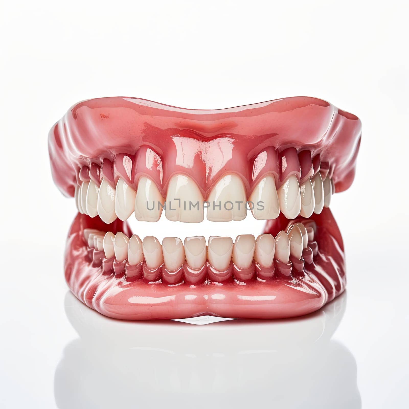 A full set of dentures on a white background. The dentures are made of acrylic and have a pink base with white teeth. The teeth are slightly stained and have some wear and tear.