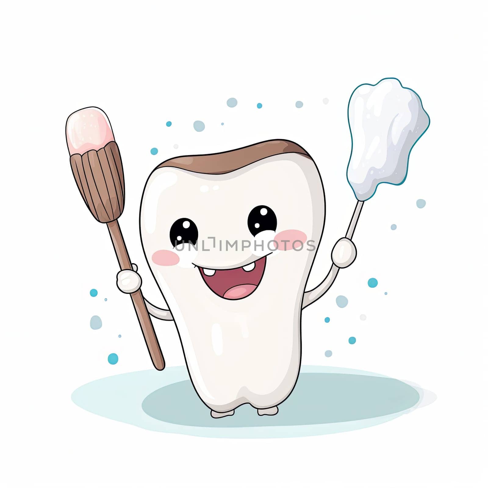 An illustration of a smiling tooth holding a bristled toothbrush, wearing shoes, and standing on white. The character has a big smile, open eyes, and holds the toothbrush in its both hand.